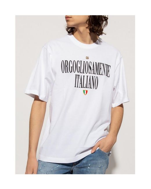Dolce & Gabbana White Slogan-Print Cotton T-Shirt for men