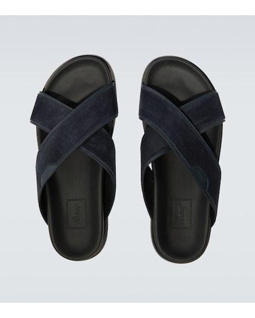 Brioni Black Leather-Trimmed Suede Sandals for men