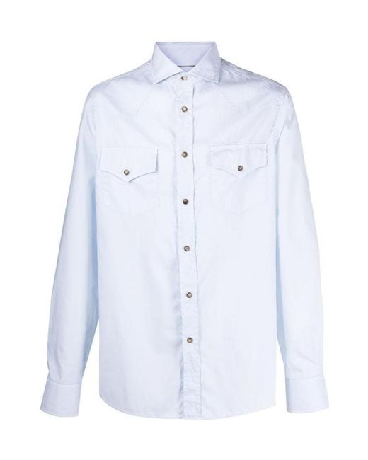 Brunello Cucinelli Blue Flap Pockets Buttoned Shirt for men