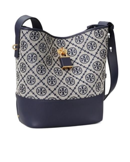 Tory Burch Blue T Monogram Leather-Trim Bucket Bag