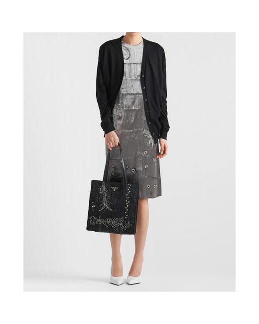 Prada Black Medium Re-Nylon Patchwork Tote Bag With Embroidery