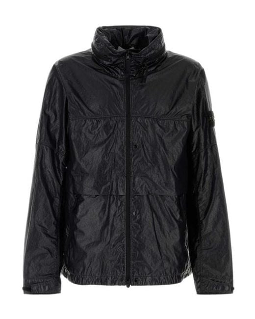 Stone Island Black Hooded Nylon Jacket Casual High Collar for men