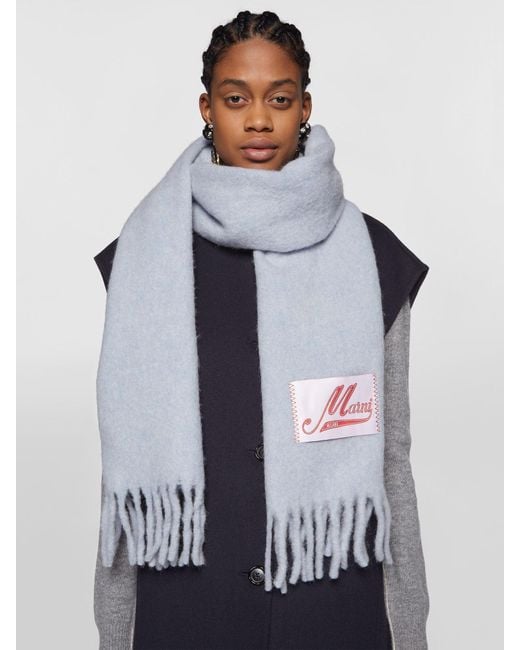 Marni Blue Logo Patch Fringed Scarf