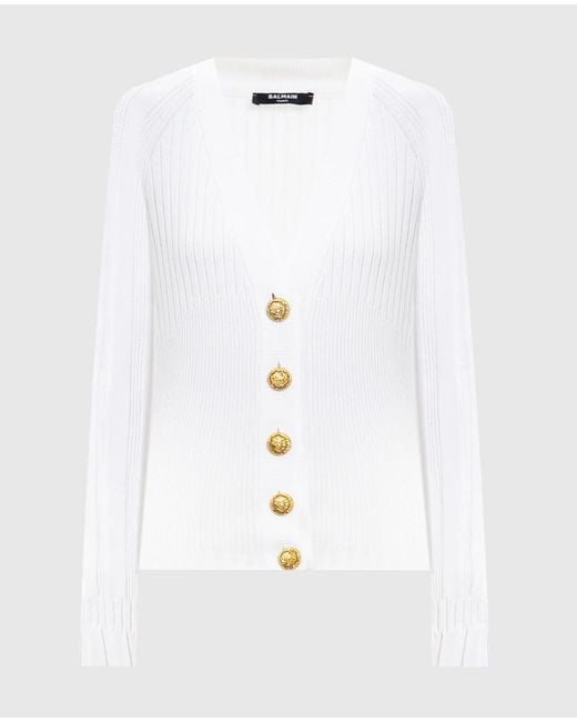 Balmain White Button-Down V-Neck Knit Sweater