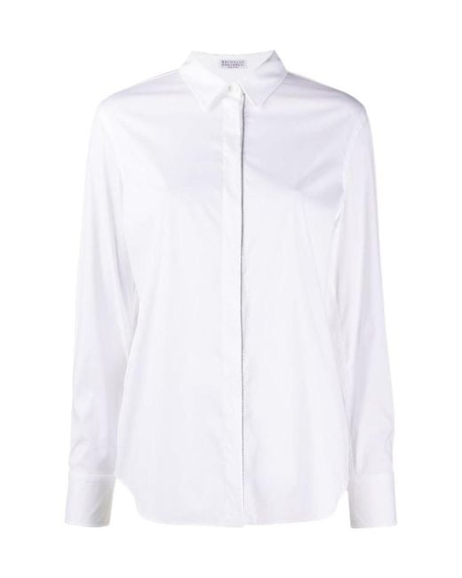 Brunello Cucinelli White Monili Embellished Long-Sleeved Shirt