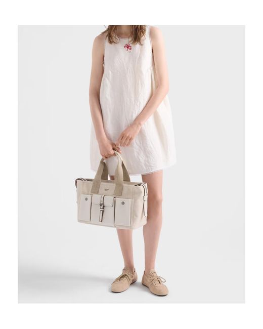 Prada Natural Route Large Canvas And Leather Tote Bag