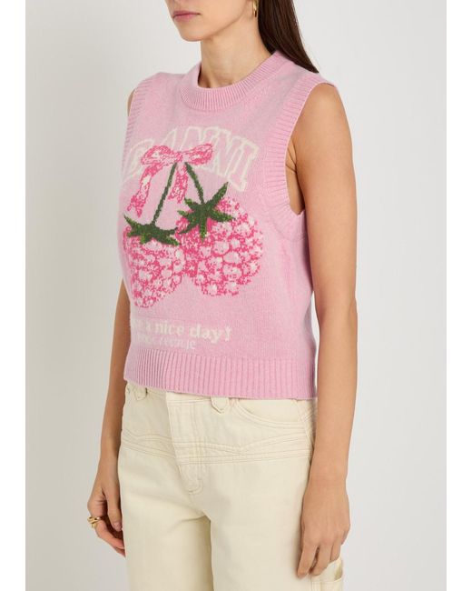 Ganni Pink Cherry Pattern Wool Vest