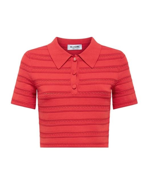 Blugirl Blumarine Red Crochet-Detail Polo Top