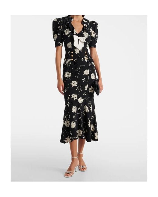 Alessandra Rich Black Floral Printed Silk Midi Dress