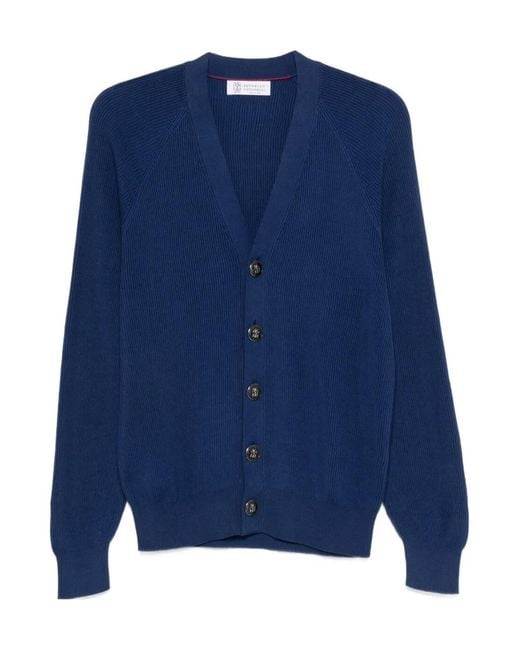 Brunello Cucinelli Blue English Rib Knit Cardigan for men