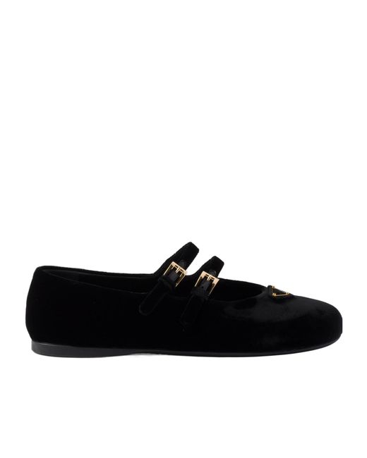 Prada Black Almond-Toe Velvet-Finish Ballerina Shoes