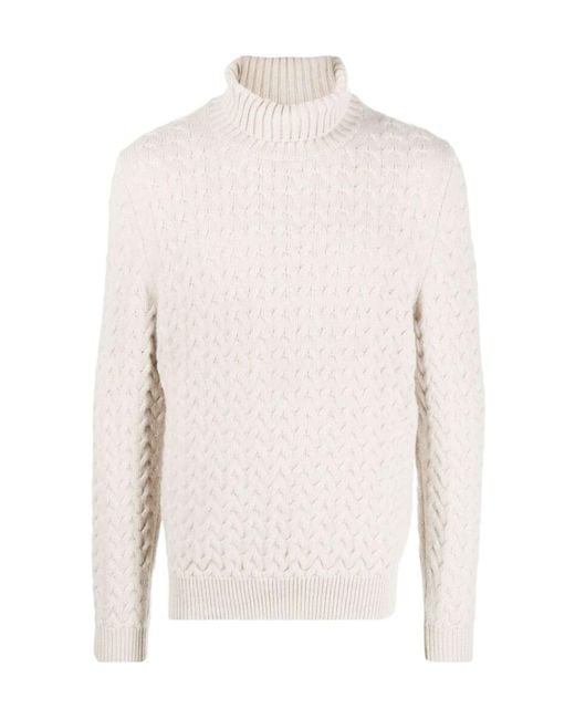 Fedeli White Long Sleeved Roll-Neck Cable Knit Jumper for men