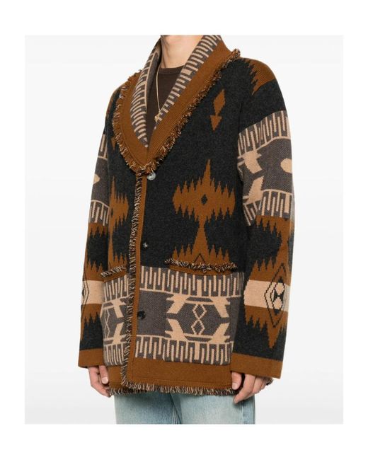Alanui Brown Jacquard-Knit Fringed Cardigan for men