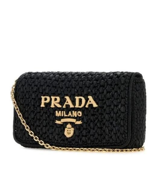 Prada Black Logo-Embroidered Chain-Linked Crochet Shoulder Bag