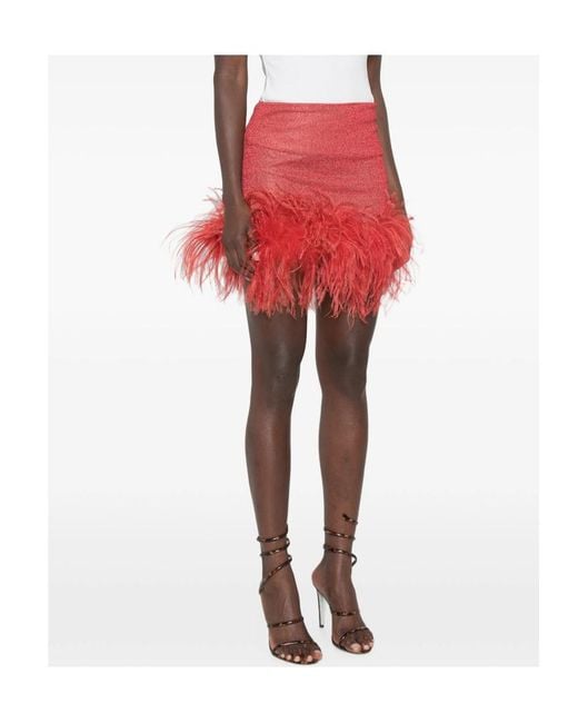 Oseree Red Feather-Decorated Midi Skirt