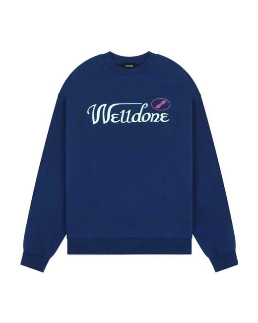 we11done Blue Logo-Print Cotton Sweatshirt for men