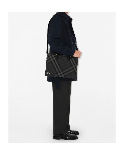 Burberry Black Grid Checked Zipped Briefcase for men
