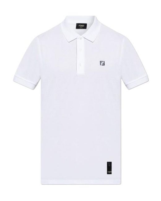 Fendi White Logo Plaque Short-Sleeve Polo Shirt for men