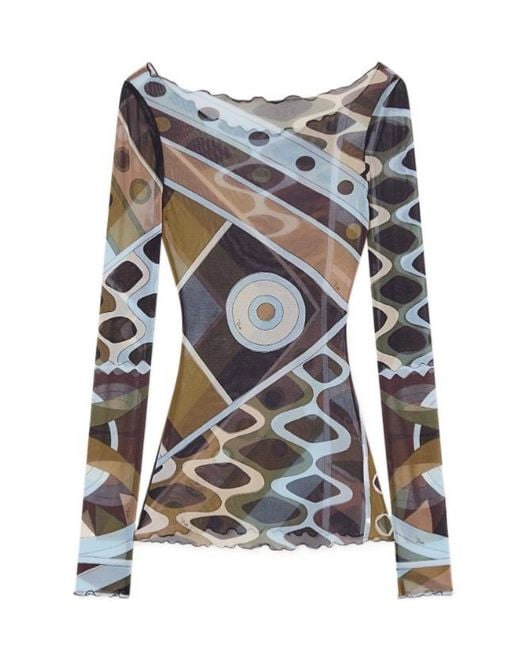 Emilio Pucci Blue Pucci Printed Tulle Long-Sleeve T-Shirt