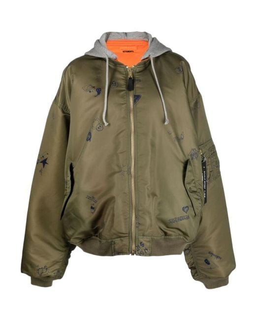 Vetements Green Graphic-Print Hooded Bomber Jacket