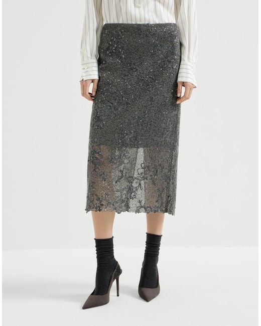 Brunello Cucinelli Gray Dazzling Lace-Embroidery Pencil Skirt