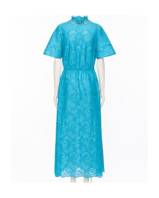 Valentino Ruffled Neck Laced Maxi Dress in Blue | Lyst