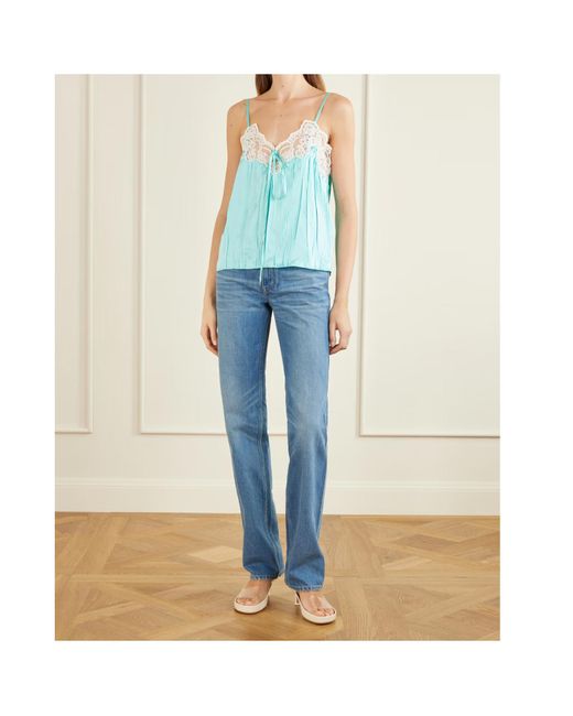 Chloé Blue Lace-Trimmed Crinkled Silk-Satin Top
