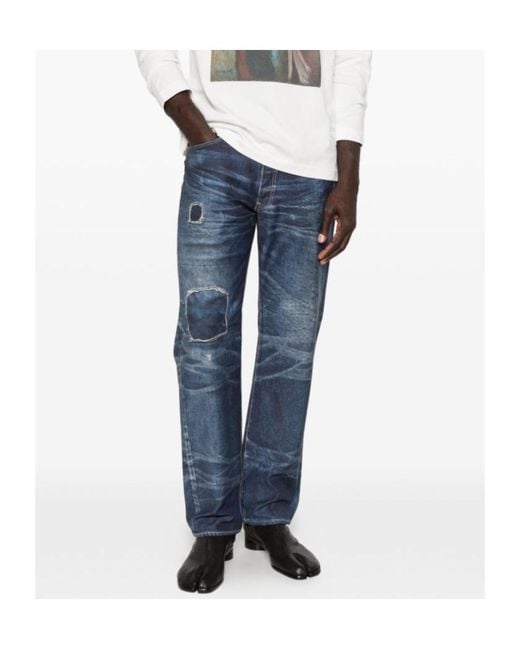 Junya Watanabe Blue Distressed Straight Leg Jeans for men