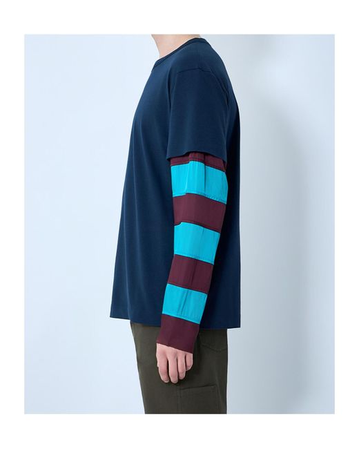 Dries Van Noten Blue Striped Contrast-Sleeve T-Shirt for men