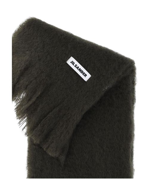 Jil Sander Black Fringed Logo Patch Scarf for men