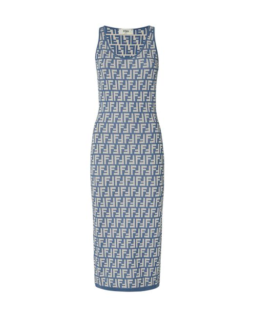 Fendi Blue Monogrammed Sleeveless Ribbed Dress