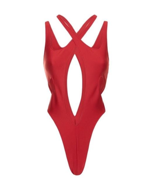 Mugler Red Lycra Cut Out One Piece Swimsuit