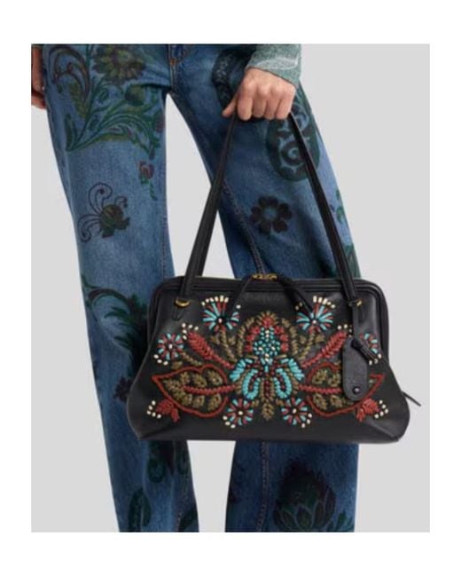 Etro Black Medium Leather Doc Shoulder Bag With Embroidery
