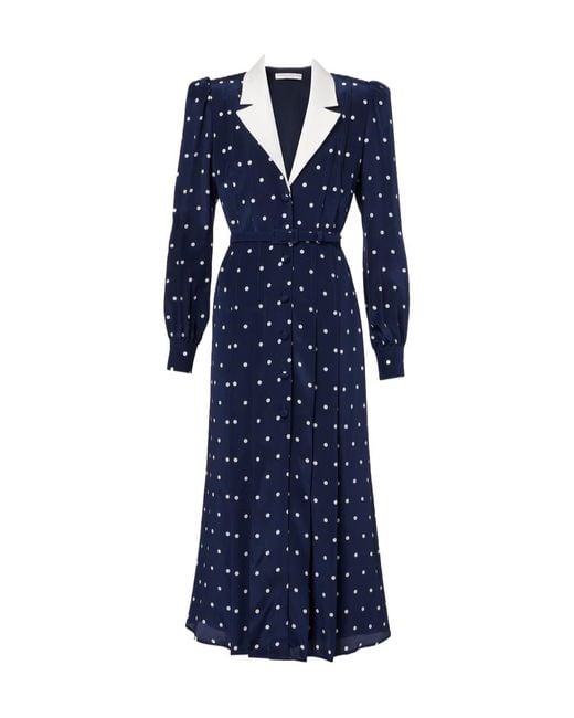 Alessandra Rich Blue Polka-Dot Silk Satin Shirt Dress
