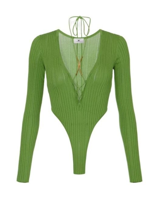 Elisabetta Franchi Green Ribbed V-Neck Bodysuit