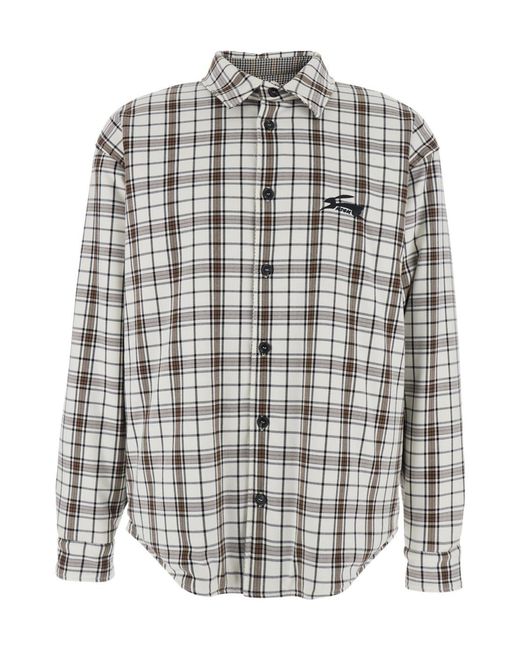 MSGM Gray Logo Embroidered Checked Reversible Shirt for men