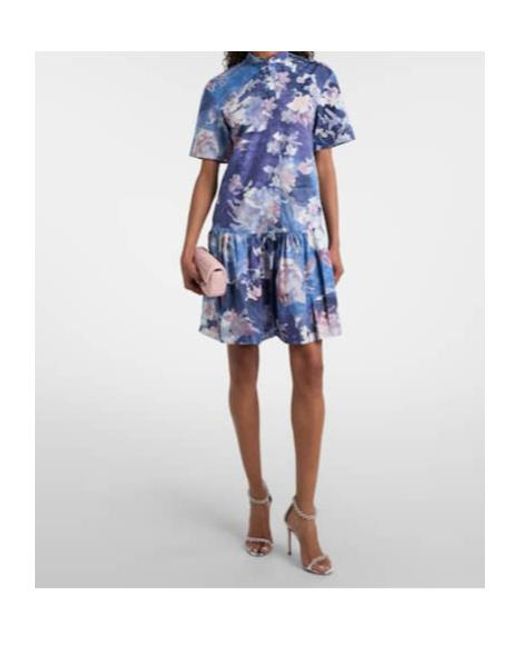 Erdem Blue Floral Peplum Cotton Poplin Minidress