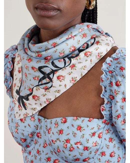 Dolce & Gabbana Blue Small Rose-Printed Twill Scarf