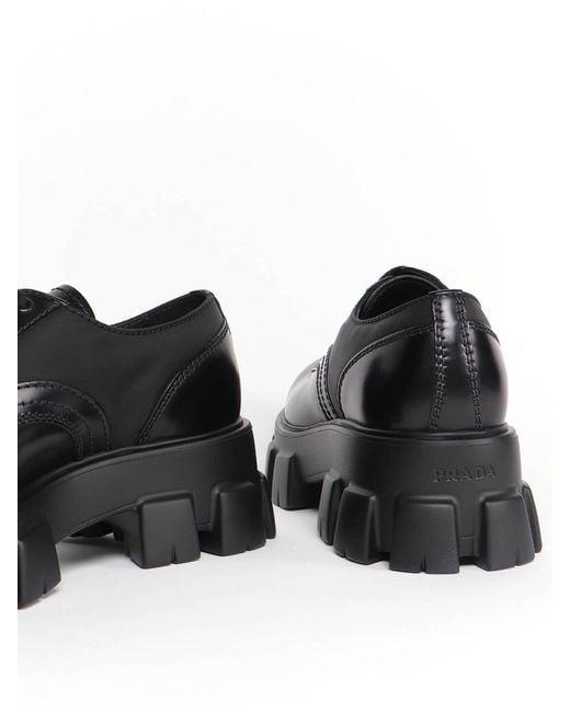 Prada Black Monolith Brushed Rois Leather And Nylon Lace-Up Shoes for men