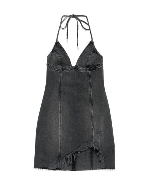 Blumarine Black Halter-Neck Frayed Denim Dress