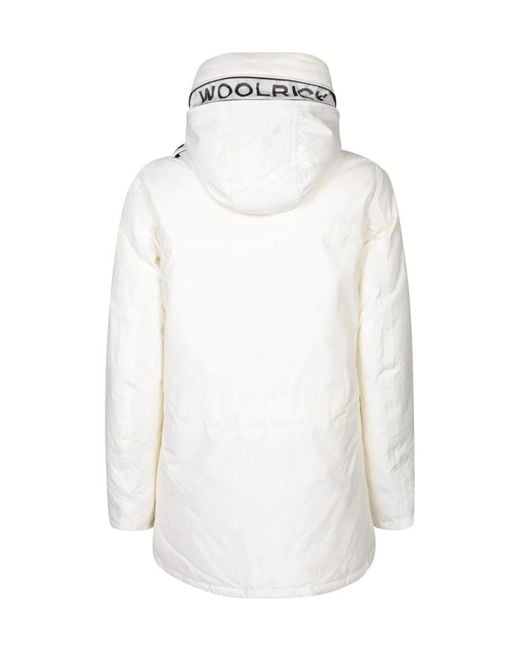 Woolrich White Logo Printed Hooded Down Jacket for men