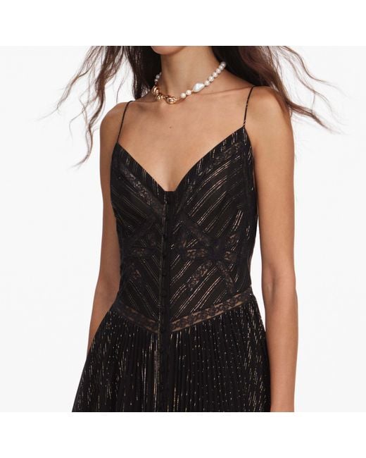 Self-Portrait Black Pleated Lace-Trim Maxi Dress