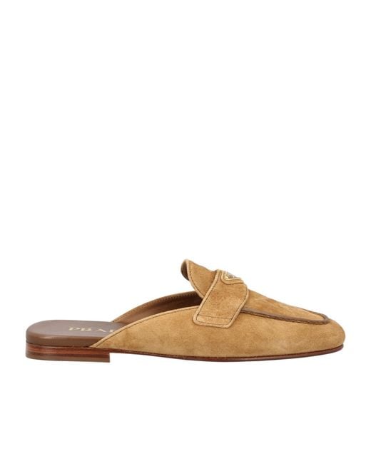 Prada Brown Logo-Plaque Flat Mules