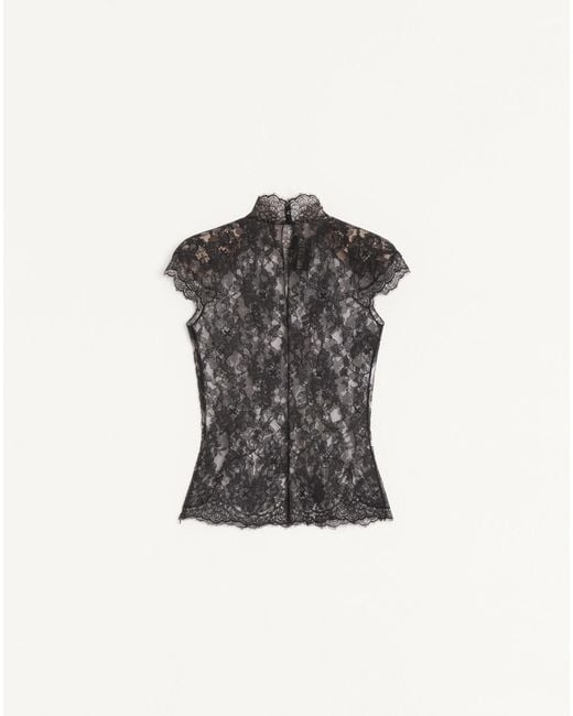 Valentino Black Floral Lace Short-Sleeved Top
