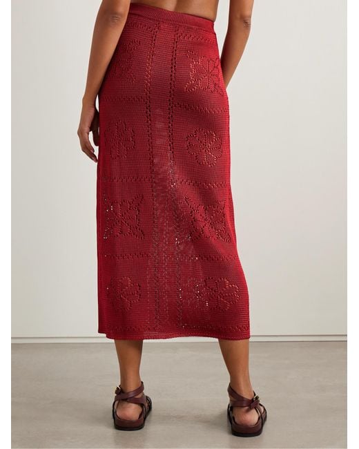 Calle Del Mar Red Pointelle-Knit Midi Skirt