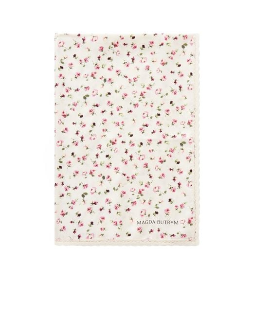 Magda Butrym White Lace-Trimmed Floral Print Silk Scarf