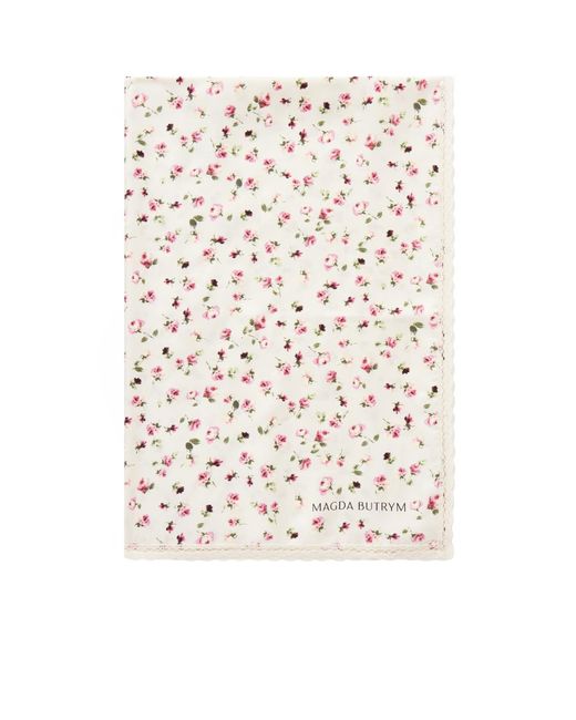 Magda Butrym White Lace-Trimmed Floral Print Silk Scarf
