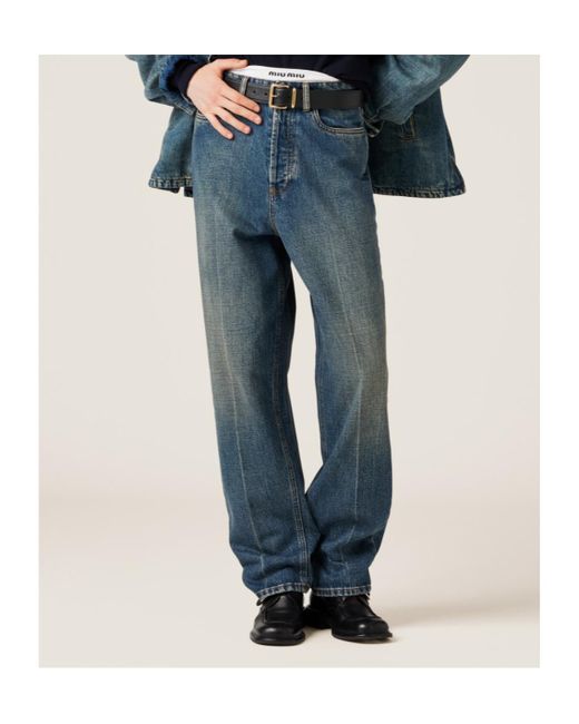 Miu Miu Blue Logo-Embroidered Denim Jeans