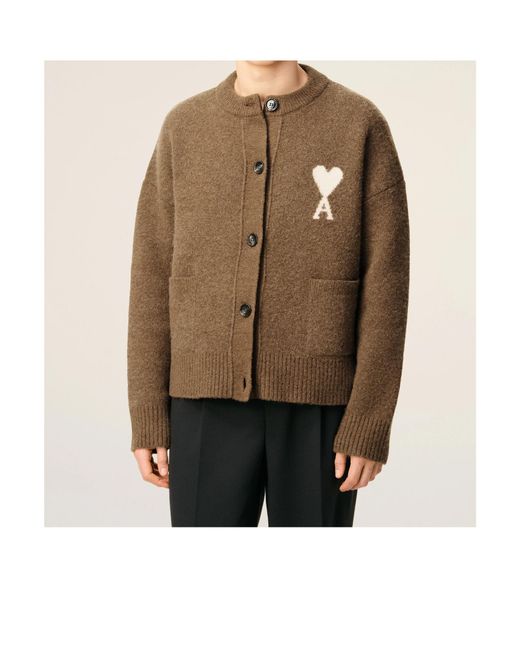 AMI Brown Logo Detailed Knitted Cardigan for men