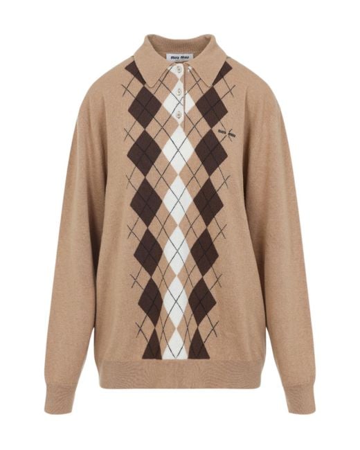 Miu Miu Brown Long-Sleeved Knitted Polo Shirt